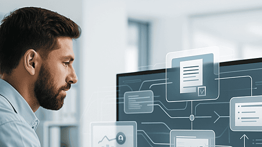 Professional engineer analyzing digital change management workflows on a large monitor in a modern office setting